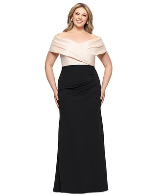 Betsy & Adam Plus Mixed-Material Off-The-Shoulder Gown