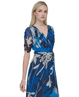 Dkny Women's V-Neck Ruched-Sleeve Belted Midi Dress