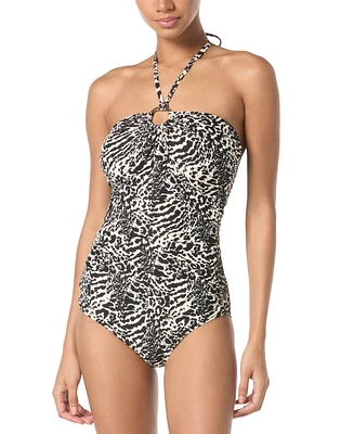 Michael Kors Women's Printed Logo-Ring Shirred One- Piece Swimsuit