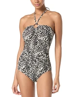 Michael Kors Women's Printed Logo-Ring Shirred One- Piece Swimsuit
