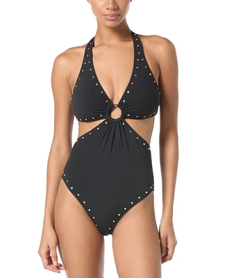 Michael Kors Women's Crepe Ring Halter Cut-Out One-Piece Swimsuit