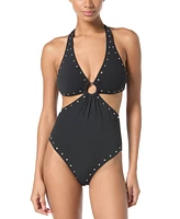 Michael Kors Women's Crepe Ring Halter Cut-Out One-Piece Swimsuit