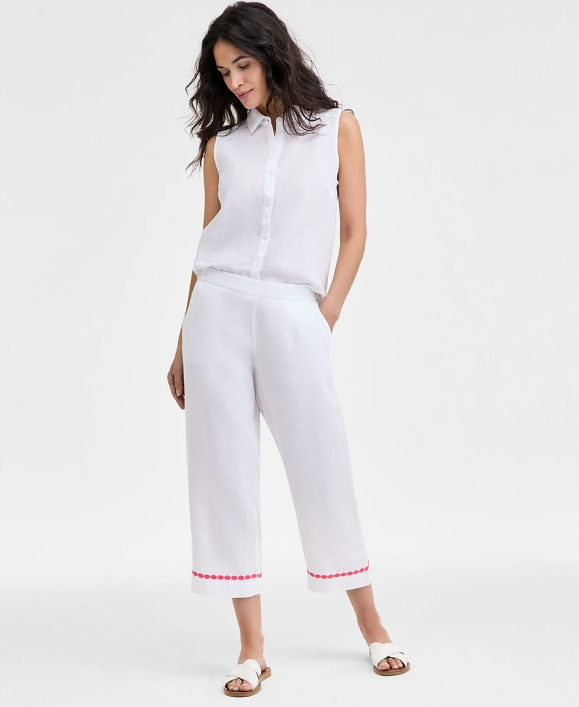 Charter Club Women's Linen Embroidered Cropped Pants, Exclusively at Macy's