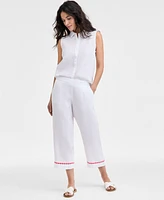 Charter Club Women's Linen Embroidered Cropped Pants, Exclusively at Macy's