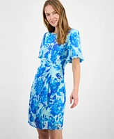 Connected Women's Floral-Print Chiffon Short-Sleeve Dress