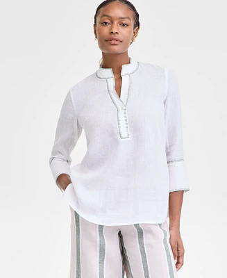 Charter Club Women's 100% Linen 3/4-Sleeve Stitched Top, Exclusively at Macy's