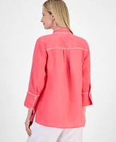 Charter Club Women's 100% Linen 3/4-Sleeve Stitched Top, Exclusively at Macy's