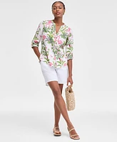 Charter Club Women's 100% Linen Palm Print Roll-Tab Shirt, Exclusively at Macy's