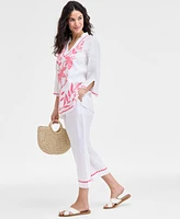Charter Club Women's Embroidered 100% Linen Tunic Top, Exclusively at Macy's