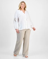 Charter Club Plus Embroidered-Palm Linen Top, Exclusively at Macy's