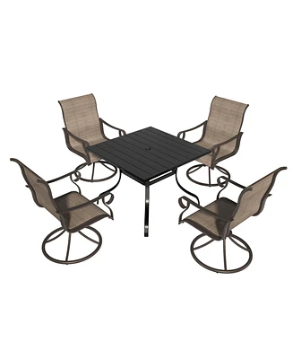 5-Piece Metal Outdoor Patio Dining Set with Square Table with 1.65 in. Umbrella Hole and Swivel Chairs