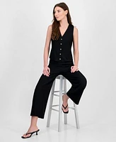 Bar Iii Womens Textured Knit Button Front Vest Cropped Pull On Pants Exclusively At Macys