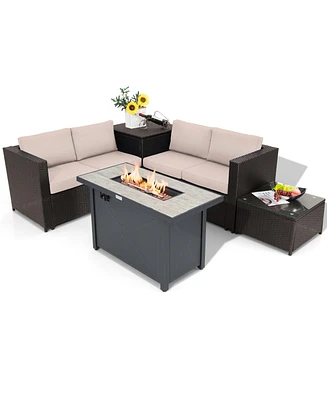 Gymax 5PCS Patio Rattan Furniture Set Fire Pit Table w/ Cover Storage Cushion