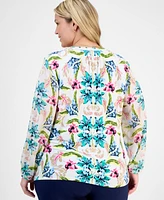Jm Collection Plus Printed Mixed-Media Top, Exclusively at Macy's