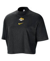 Nike Women's Black Los Angeles Lakers Courtside Mock Neck Loose Fit Cropped T-Shirt