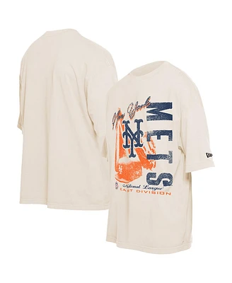 New Era Men's Cream York Mets Cooperstown Collection Oversized Throwback Distressed T-Shirt