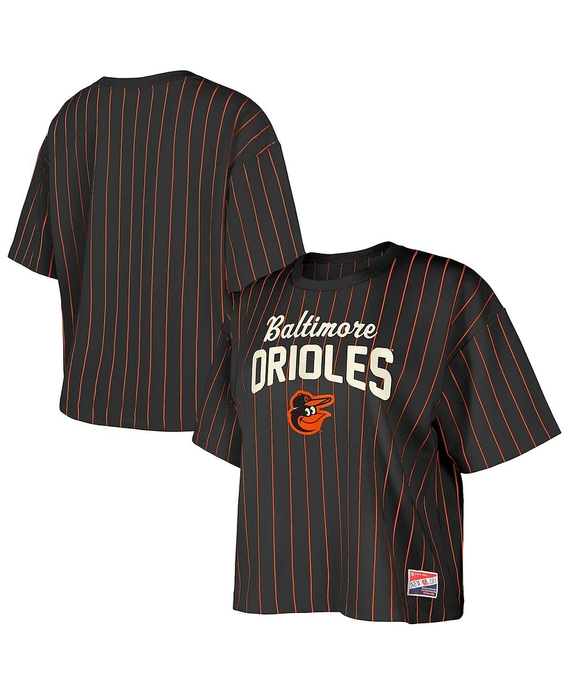 New Era Women's Black Baltimore Orioles Cooperstown Collection Multiplier Pinstripe Cropped T-Shirt