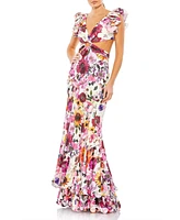 Mac Duggal Women's Floral Print Ruffle Shoulder Cut Out Gown