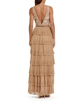 Mac Duggal Women's Beaded Mesh V Neck Gown With Tiered Ruffles
