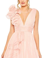 Mac Duggal Women's Ruffle Shoulder V-Neck Chiffon Gown