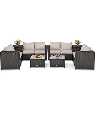 Gymax 8PCS Cushioned Rattan Patio Conversation Set w/ Coffee Table Side Table