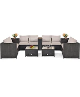 Gymax 8PCS Cushioned Rattan Patio Conversation Set w/ Coffee Table Side Table