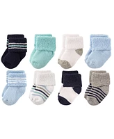 Luvable Friends Baby Boys Cotton Rich Terry Socks 16-Pack, Mint Navy Stripes
