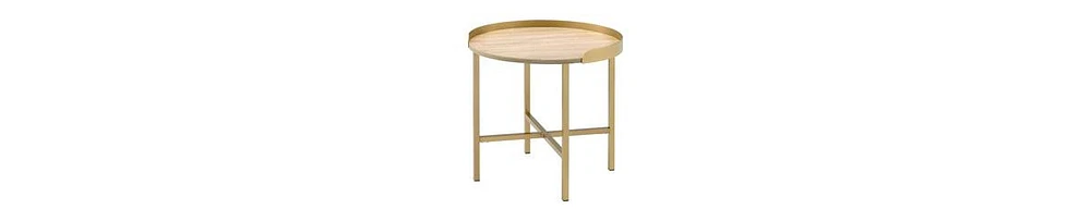 Round Wood End Table – Functional Tray Top with Metal Accent