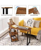 360° Rotating Sofa Side Table with Storage Shelves and Wheels