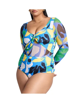 Eloquii Plus Tie Front Mixed Media One Piece Swimsuit