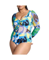 Eloquii Plus Tie Front Mixed Media One Piece Swimsuit