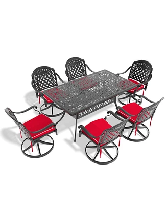 7-pc Cast Aluminum Dining Set, 6 Swivel Chairs, Rectangular Table
