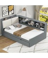 Wood Twin Size platform bed with Trundle, Shelves and Storage Headboard, Gray