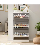 Wooden 3-door natural shoe cabinet,Mirror door panel, multi-purpose rack with metal handles