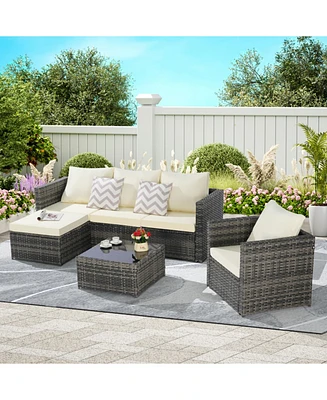 3-Piece Patio Set, Woven L-Shaped Sectional, Sofa, Lounger & Coffee Table