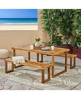 Outdoor Acacia Wood Dining Set, Sandblast Natural Finish