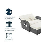 Pe Wicker Double Chaise Lounge, Adjustable, White + Cover