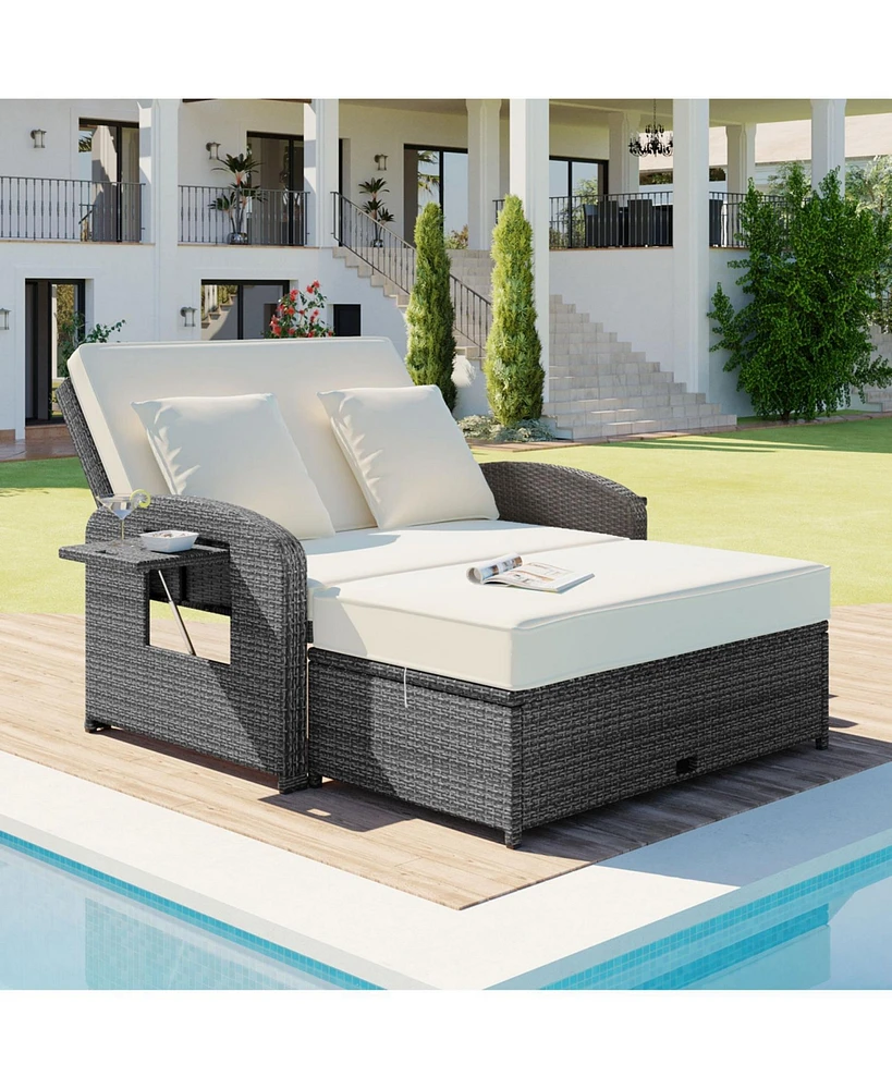 Pe Wicker Double Chaise Lounge, Adjustable, White + Cover
