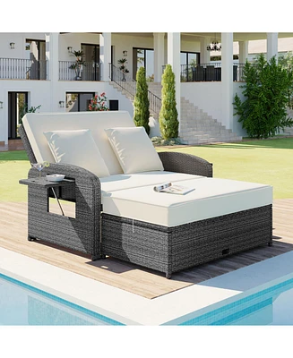 Pe Wicker Double Chaise Lounge, Adjustable, White + Cover