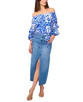 Vince Camuto Women's Ikat-Print Off-The-Shoulder Bubble 3/4-Sleeve Tie-Front Blouse