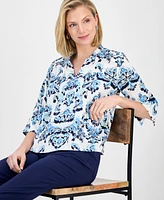 Jm Collection Women's Printed Jacquard 3/4-Sleeve Top, Exclusively at Macy's