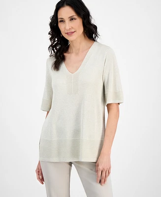 Jm Collection Women's V-Neck Short-Sleeve Shimmer Sweater, Exclusively at Macy's