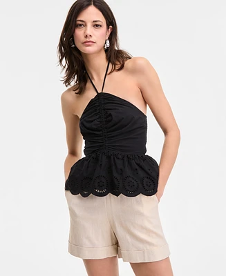 I.n.c. International Concepts Women's Cotton Scalloped Eyelet Halter Top, Exclusively at Macy's
