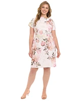 London Times Plus Floral-Print Tie-Neck Sheath Dress
