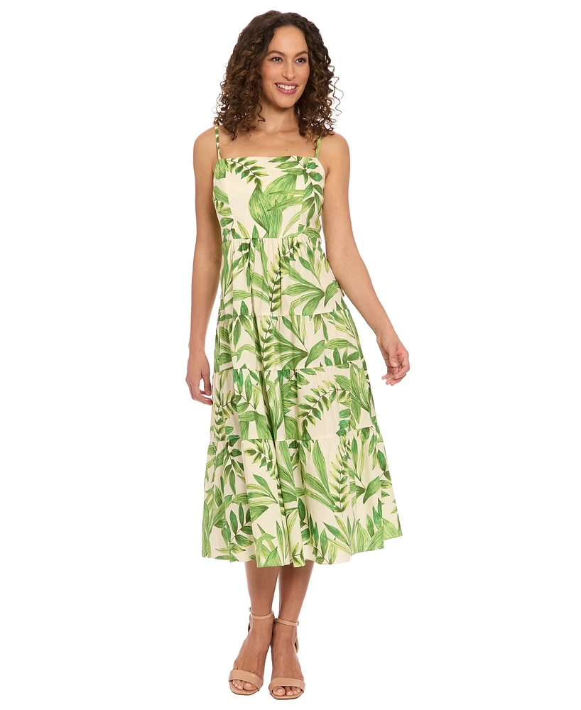 London Times Petite Leaf-Print Tiered Smocked Dress