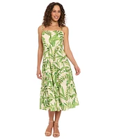 London Times Petite Leaf-Print Tiered Smocked Dress