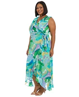 London Times Plus Printed Ruffled Wrap Dress