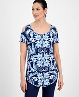 Jm Collection Women's Printed Cold-Shoulder Top, Exclusively at Macy's