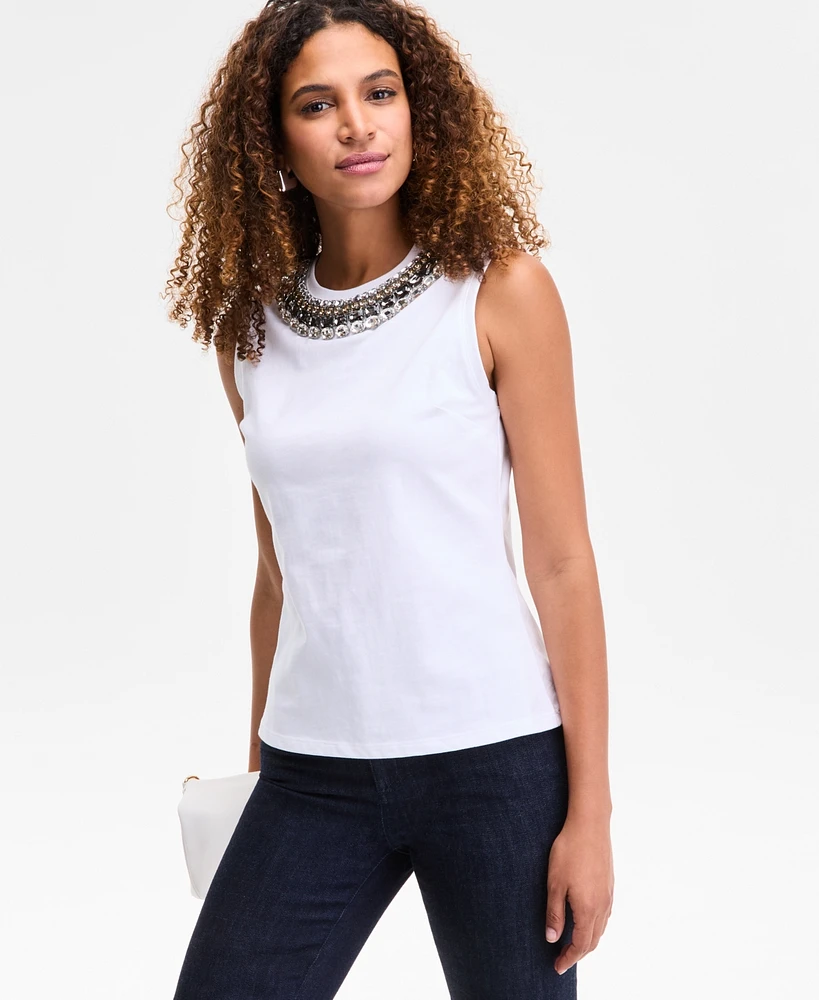 I.n.c. International Concepts Women's Embellished-Neckline Cotton Tank Top, Exclusively at Macy's
