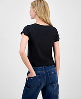 Rebel + Leigh by Iot Juniors' Lettuce-Trim Embroidered Short-Sleeve Tee